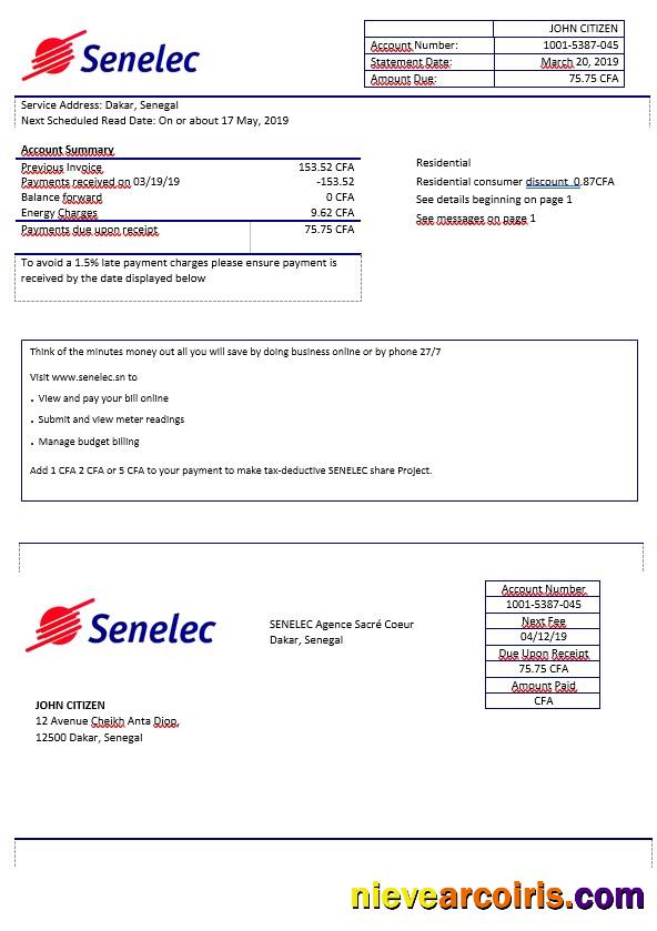 Senegal Senelec Agence Sacré Coeur electricity bill